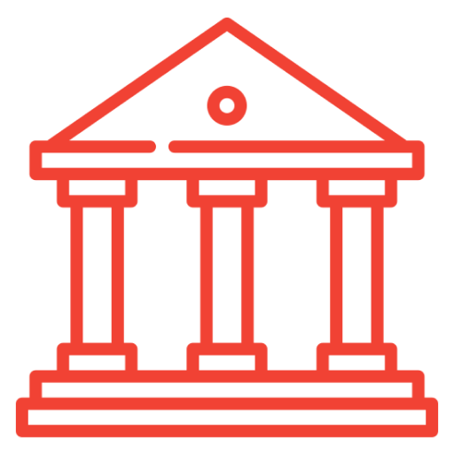 Red temple icon with columns.