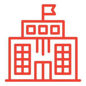 Red building icon with a flag