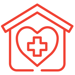 Red house healthcare icon: heart with cross