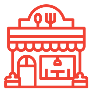 Red restaurant storefront icon with fork and spoon