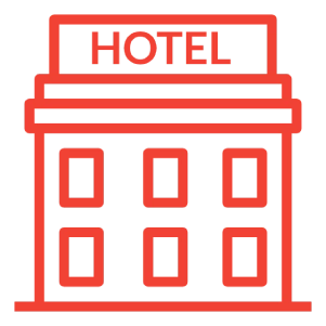 Red hotel building icon on black background