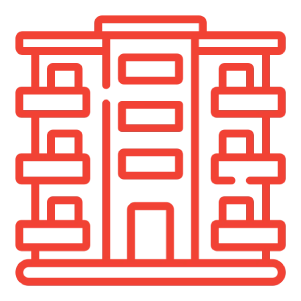 Red neon apartment building icon on black